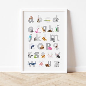 Estampa de alfabeto cinza, Estampa de alfabeto de animais, Decoração de berçário, Arte de parede de berçário, Decoração de quarto infantil, Estampa de arte do alfabeto, Estampa de letras do alfabeto