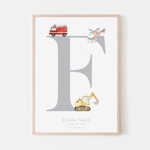 Impresión personalizada con nombre inicial de transporte / Impresión para habitación infantil / Decoración de habitación infantil con transporte / Arte mural para habitación infantil con transporte / Decoración de dormitorio infantil