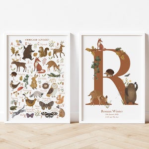 Juego de 2 impresiones personalizadas con iniciales de nombre de bosque, decoración de pared de guardería de bosque, arte de pared de guardería de bosque, decoración de pared con alfabeto infantil