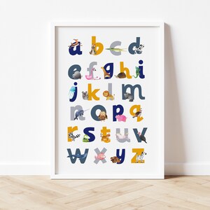 Estampa de alfabeto azul marinho, Estampa de alfabeto de animais, Decoração de berçário, Arte de parede de berçário, Decoração de quarto infantil, Estampa de arte do alfabeto, Estampa de letras do alfabeto