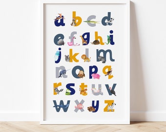 Navy alphabet print, Animal alphabet print,  Nursery decor, Nursery wall art, kids room decor, Alphabet art print, Alphabet letter print