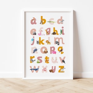 Impresión del alfabeto ruborizado, Impresión del alfabeto de animales, Decoración de guardería, Arte de pared de guardería, Decoración de habitación infantil, Impresión de arte del alfabeto, Impresión de letras del alfabeto