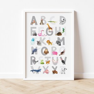 Grey alphabet print, Animal alphabet print,  Nursery decor, Nursery wall art, kids room decor, Alphabet art print, Alphabet letter print