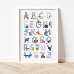 Impresión del alfabeto azul, Impresión del alfabeto animal, Decoración de guardería, Arte de pared de guardería, Decoración de habitación infantil, Impresión de arte del alfabeto, Impresión de letras del alfabeto