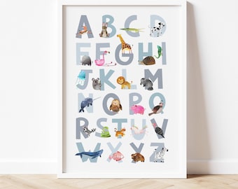 Blue alphabet print, Animal alphabet print,  Nursery decor, Nursery wall art, kids room decor, Alphabet art print, Alphabet letter print