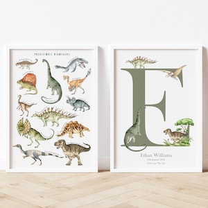 Juego de 2 impresiones personalizadas con el nombre inicial de un dinosaurio, decoración de pared para habitación infantil, arte de pared para habitación infantil