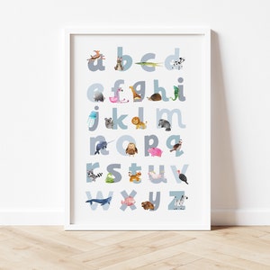 Impresión del alfabeto azul, decoración de guardería, arte de pared de guardería para niño, decoración de habitación infantil, impresión de arte del alfabeto, impresión del alfabeto de animales, impresión de letras del alfabeto