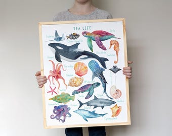 Zeeleven print, kinderkamer oceaan decor, oceaan dieren poster, kinderkamer kunst aan de muur, kinderkunst aan de muur print, kinderposters, kinderkamer kunst