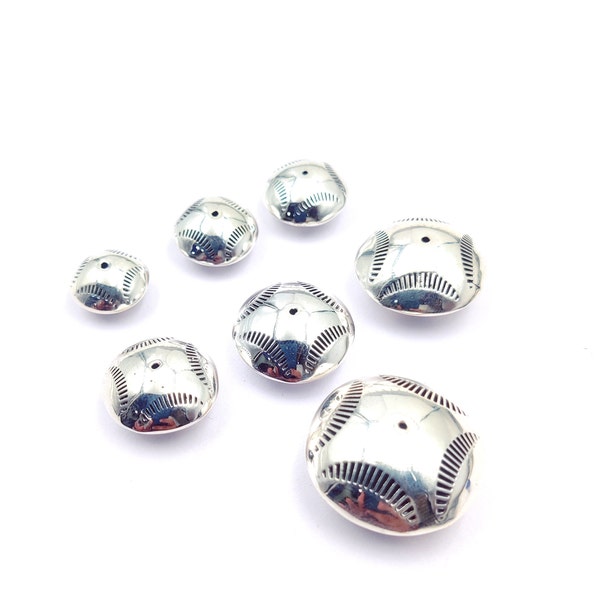 Navajo pearl stamped beads oxidized 92.5 Sterling Silver bench beads, southwestern jewelry beads in sizes 8,12 15,17,,18,20,22,24,28 mm lots