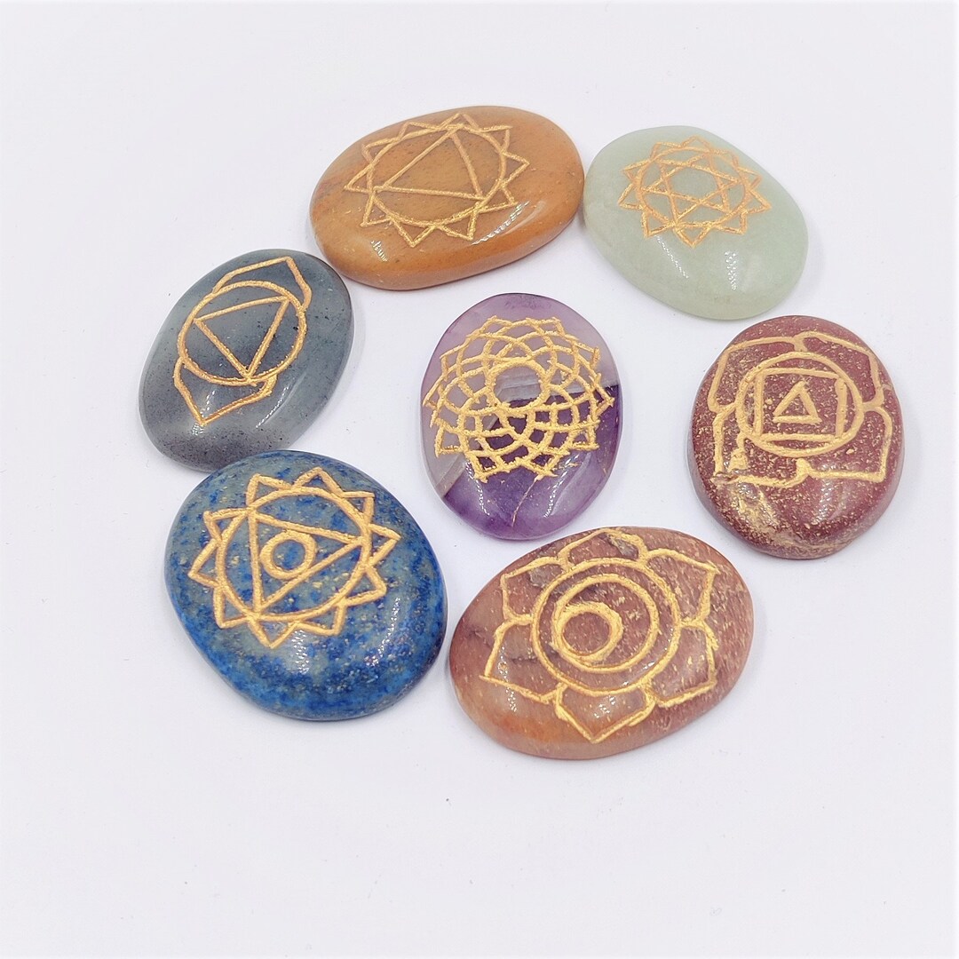 Engraved Chakra Stones Set: Reiki Healing Crystals, Meditation Palm ...