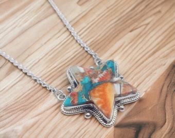 Spiny Oyster Turquoise Star Necklace Southwest Handmade 92.5 Sterling Silver Bar Necklace,18"length long necklace+ 2 inch extender