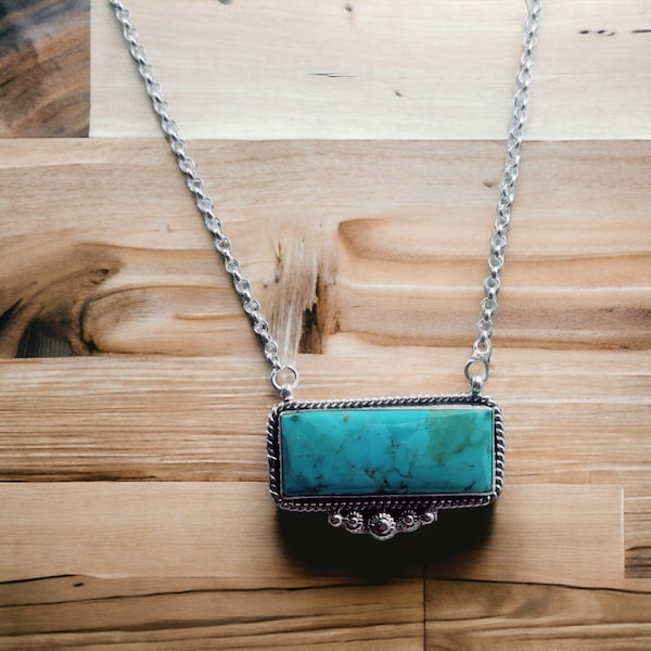 Beautiful necklace. Southwest Handmade Kingman Turquoise Sterling Silver Bar Necklace,18"length long necklace+ 2 inch extender