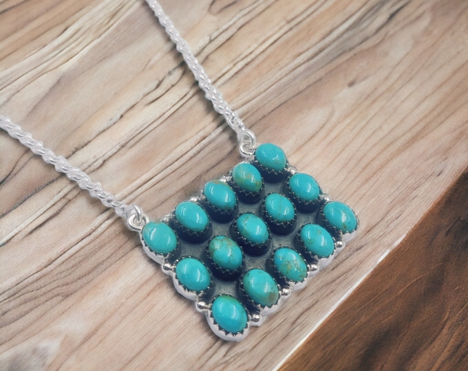 Featured listing image: Turquoise Necklace Southwest Handmade 92.5 Sterling Silver Cluster Necklace, Bar necklace 18"length long necklace+ 2 inch extender