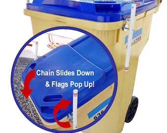 HEAVY DUTY Trash Can Lid Lock With Bin Empty Flags, Opens Automatically for Dumping, Keeps Animals Out, Wind Proof