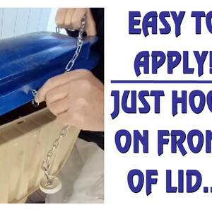 May include: A blue trash can lid with a chain and hook system. The text "EASY TO APPLY! JUST HOOK ON FRONT OF LID..." is displayed in blue. A person's hands are shown attaching the chain.