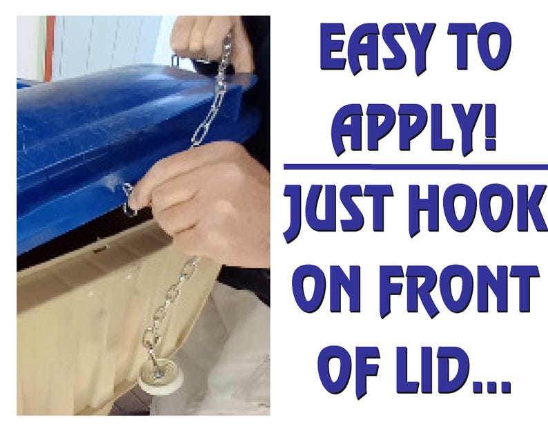 May include: A blue trash can lid with a chain and hook system. The text "EASY TO APPLY! JUST HOOK ON FRONT OF LID..." is displayed in blue. A person's hands are shown attaching the chain.