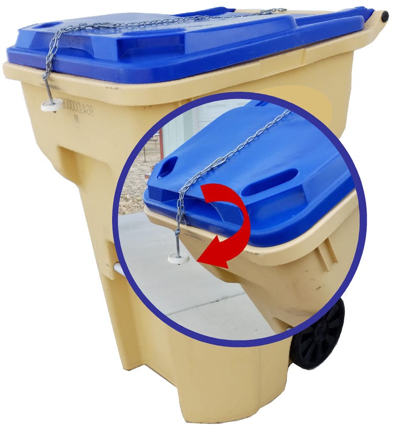 Gravity Enforced Trash Can Lid Lock: Windproof, Animal Resistant, Opens Automatically for Dumping image 2