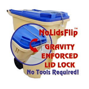 Trash Can Lid Lock, Gravity Enforced, Automatically Opens for Dumping, Wind Proof, No Tools Required