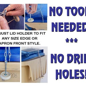 May include: Image shows a lid holder with a chain, designed to fit various edge sizes. The text reads "NO TOOLS NEEDED!" and "NO DRILL HOLES!" The holder is shown attached to different containers, demonstrating its versatility.
