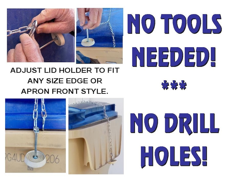 May include: Image shows a lid holder with a chain, designed to fit various edge sizes. The text reads "NO TOOLS NEEDED!" and "NO DRILL HOLES!" The holder is shown attached to different containers, demonstrating its versatility.