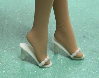 Barbie Doll White High Heel Bride Shoes Opened Toe Mules Stilettos Vintage Holes