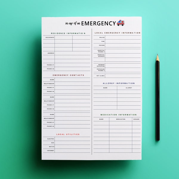 In Case Of Emergency Printable, Medical Info, Emergency Planner, Family Printable, Emergency Prep