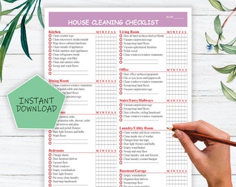 Printable House Cleaning Checklist - Weekly Cleaning Checklist - Cleaning by Rooms - instant download