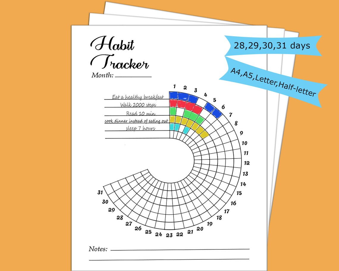 Printable Circle Habit Tracker Monthly Intention Wheel, Multiple Sizes
