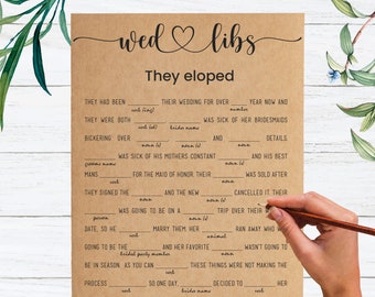 Wed-Libs They Eloped Mad Libs Wedding Game, Printable Instant Download Bridal Shower Games .Rustic, Kraft, Funny, Wedding Games