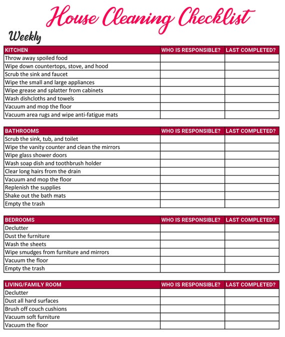 House Cleaning Checklist  Apartment Cleaning Checklist