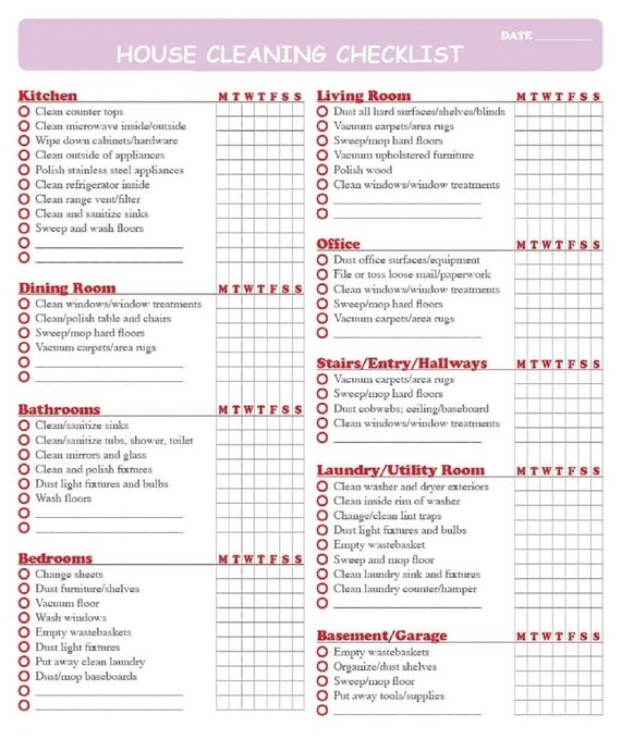 Printable House Cleaning Checklist Weekly Cleaning Checklist Cleaning By Rooms Instant Download