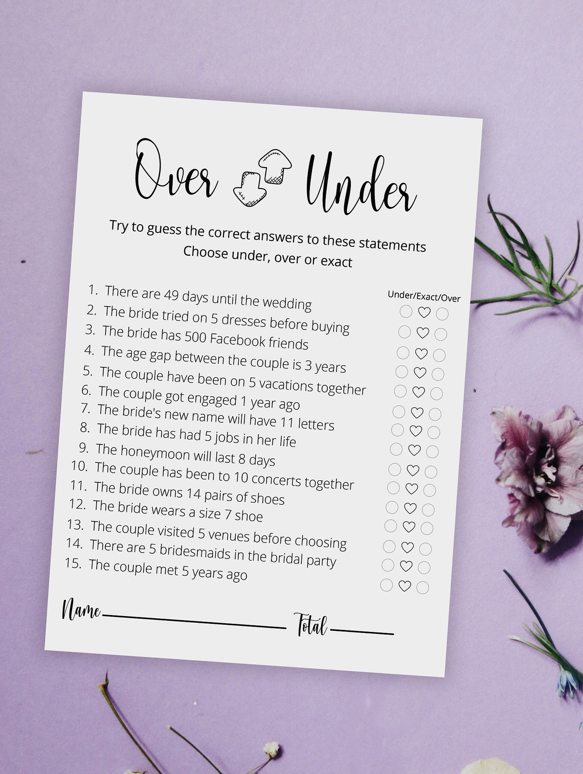 Over or Under Bridal Shower Game, Printable Instant Download, Wedding ...