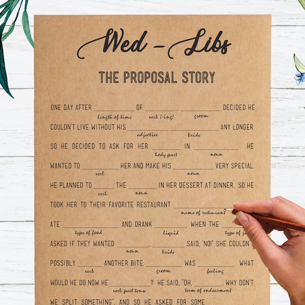 Wed-Libs The Proposal Story wedding Mad Libs Game, Printable Instant Download Bridal Shower Games .Rustic, Kraft, Funny, Wedding Games