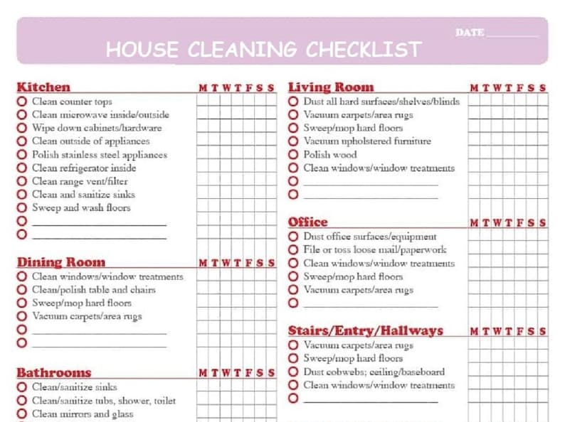 Printable House Cleaning Checklist Weekly Cleaning Checklist Cleaning