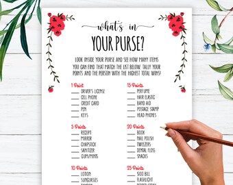 What's in Your Purse Game, Virtual & Printable Bridal Shower Game Instant Digital Download, Purse Game, Rustic Baby Shower Wedding Games