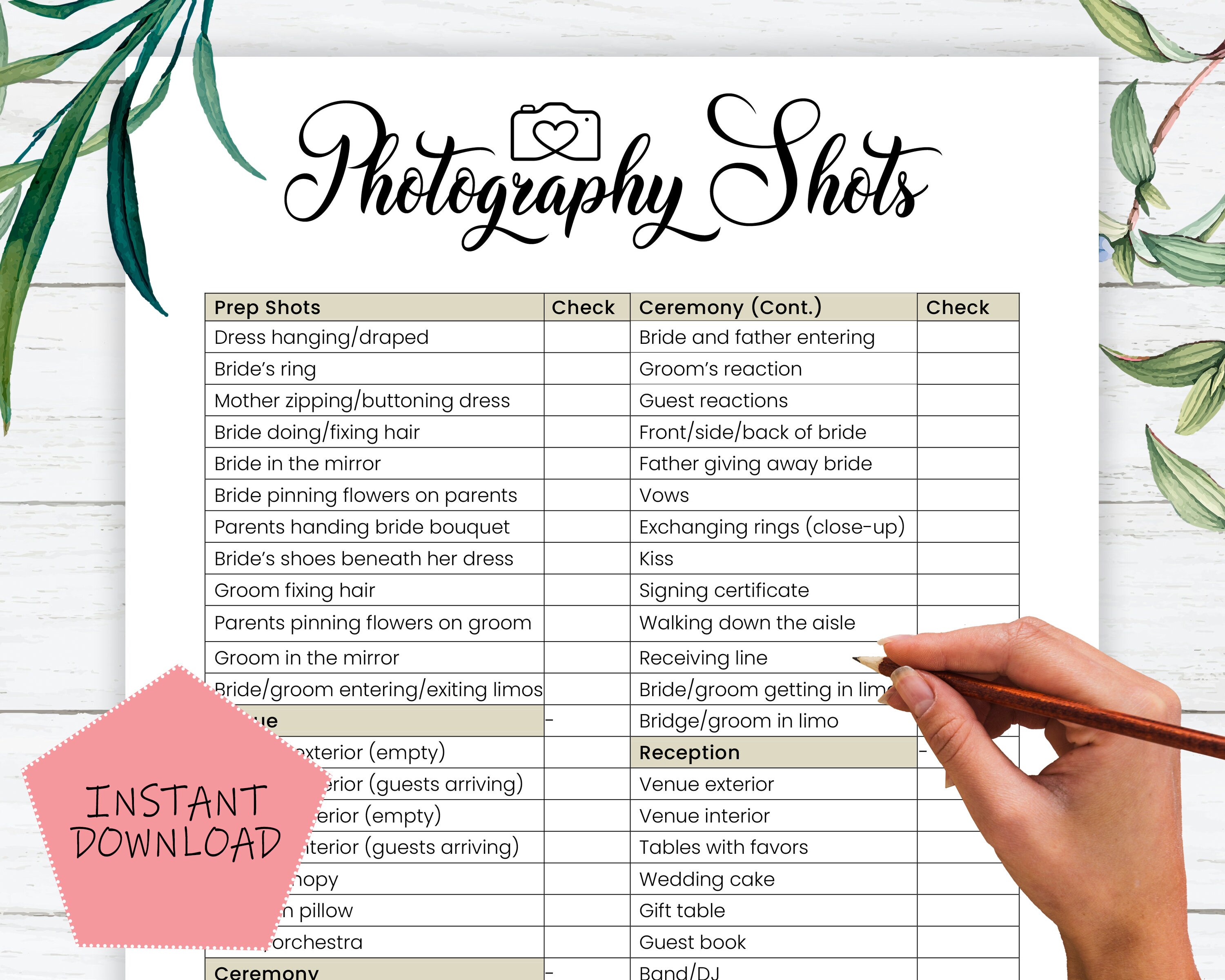 Wedding Photography Checklist Template Wedding Photographer Etsy UK