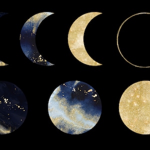 Watercolor Planets Clipart Set. Gold Foil Celestial Symbol Magic Gold Moon Clipart