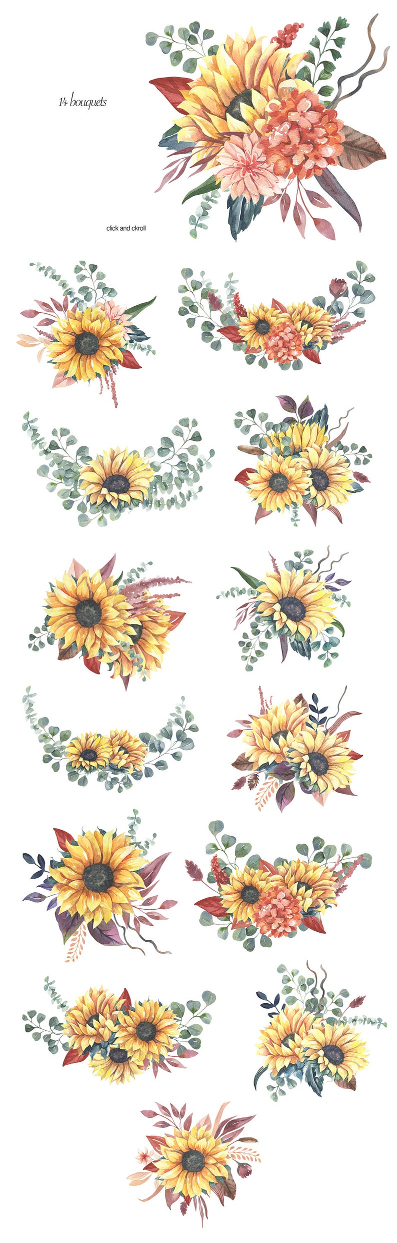 Borders.BIG Collection. Watercolor Floral Clipart For Wedding Invitations.Floral Wreaths,Bouquets BIG Watercolor Sunflower Clipart