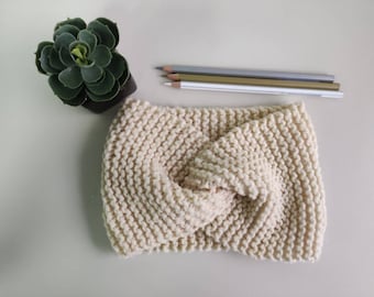 Bandeau turban tricoté en laine italienne naturelle