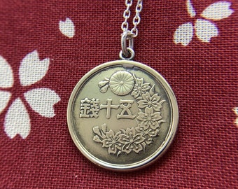japanese old coin necklace,50sen,brass coin necklace,made in japan,japanese pattern,sakura,japanese style,kimono,free shipping,japanese gift