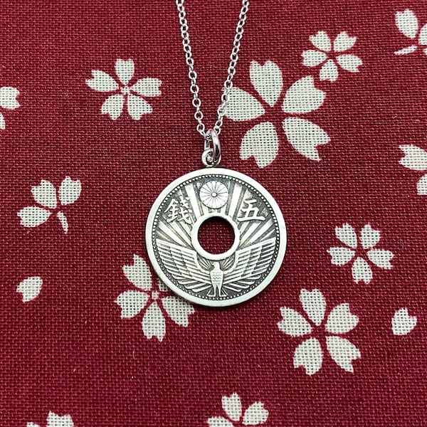 eagle japanese old coin necklace,nickel,sterling silver,mens coin necklace,japanese style,made in japan,free shipping,present for him,5sen