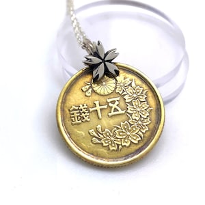 50sen,brass japanese old coin necklace,sakura,sterling silver,japanese style,kimono,japanese pattern,made in japan,present for him