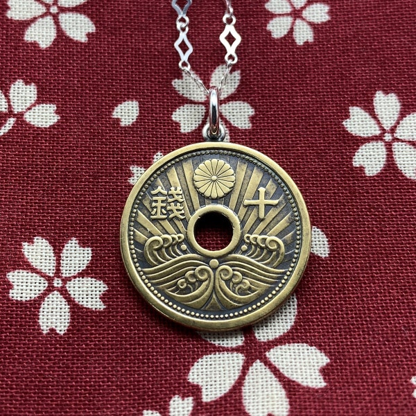 bronze japanese old coin necklace,mens necklace,japanese style,japanese pattern,kimono jewelry,made in japan,present for him,10sen