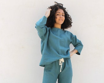 Linnen pyjamaset: loose fit gewassen linnen loungewear