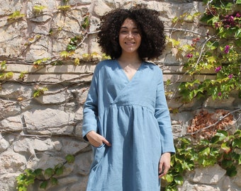 Linen dress/Linen dress ginger/Maternity Linen dress/Loose Linen dress/Washed Linen dress/Blue Linen dress/