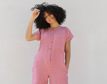 Linen jumpsuit//Valencia summer jumpsuit//Short linen jumpsuit//pink Linen jumpsuit//washed linen jumpsuit.