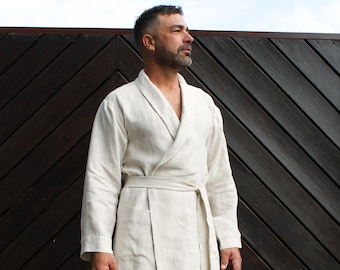 Men's linen robe,Men’s linen bathrobe,Men’s linen robe personalized with your name. custom monogram,Linen robe for men, Natural loungewear,