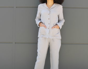 women linen pajamas// Linen pajamas Grecia//Linen pajamas set //Linen Sleepwear//Nightwear set//Ice blue Linen pajama /