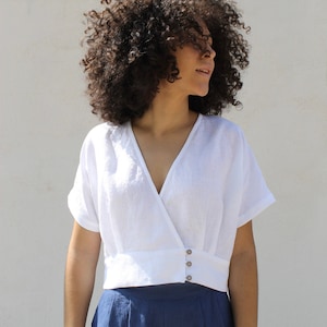 Linen crop top /ISABELLA linen crop top /Linen top /Linen crossed top/Linen top with V-neckline