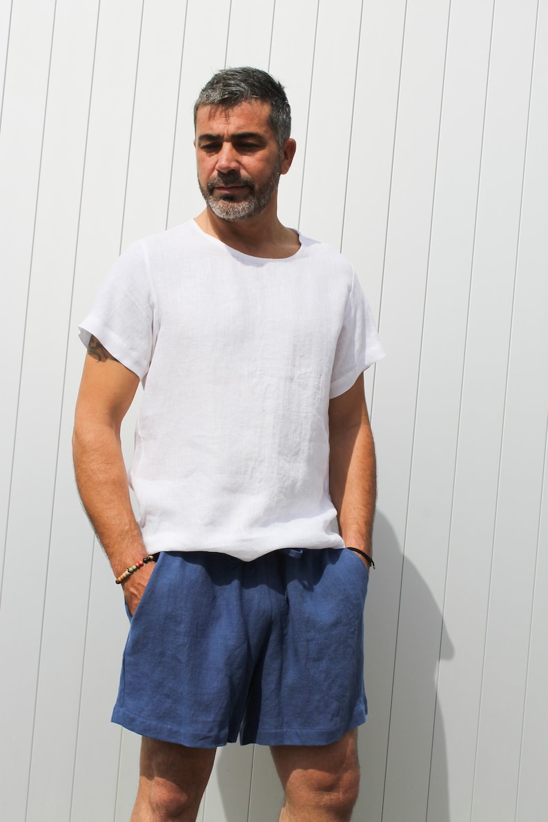 Camiseta básica de lino para hombre, camiseta de manga corta de lino image 2